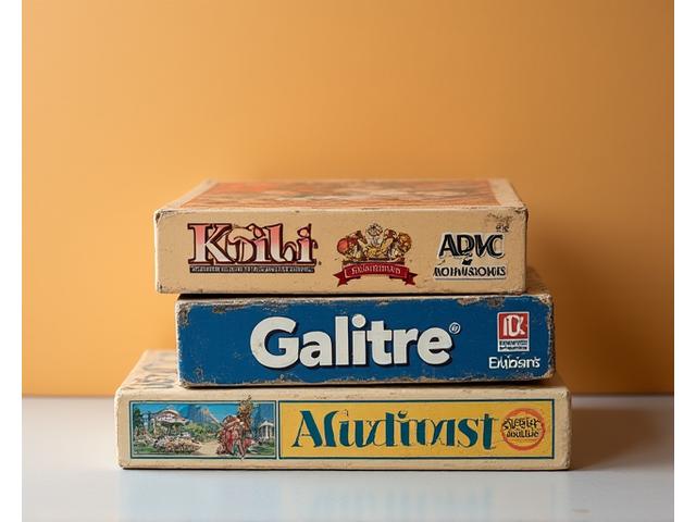 Una pila de cajas de juegos de mesa usados con signos de uso ligero.