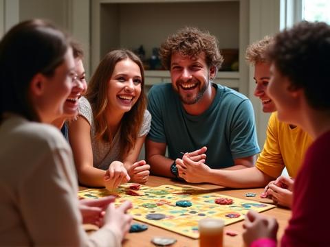 Grupo de amigos riendo y jugando un juego de mesa cooperativo.