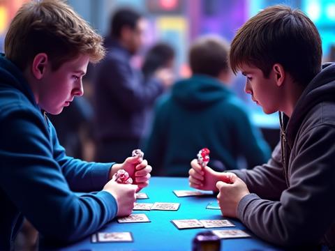 Jugadores de Magic The Gathering concentrados en una partida de torneo.