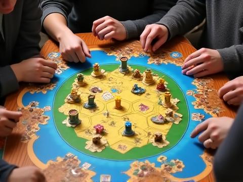 Jugadores en un torneo de Catan, con el tablero de juego en primer plano.