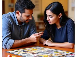 Un empleado de Ludos Mexicanos explicando las reglas de un juego a nuevos jugadores.