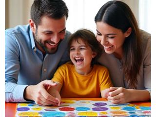 Familia riendo y disfrutando de un juego de mesa infantil.