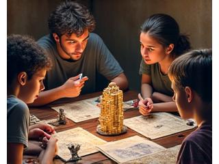 Grupo de amigos inmersos en una sesión de juego de rol de mesa.