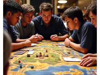 Participantes seriamente jugando en un torneo de Risk.