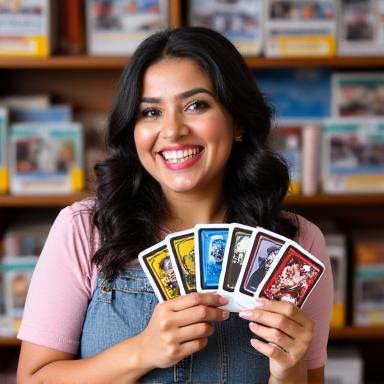 Claudia, Especialista en juegos de cartas de Ludos Mexicanos, con una baraja de cartas y una sonrisa pícara.