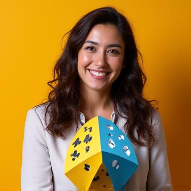 Sofía, Fundadora y estratega de Ludos Mexicanos, con una sonrisa amigable sosteniendo un dado gigante.