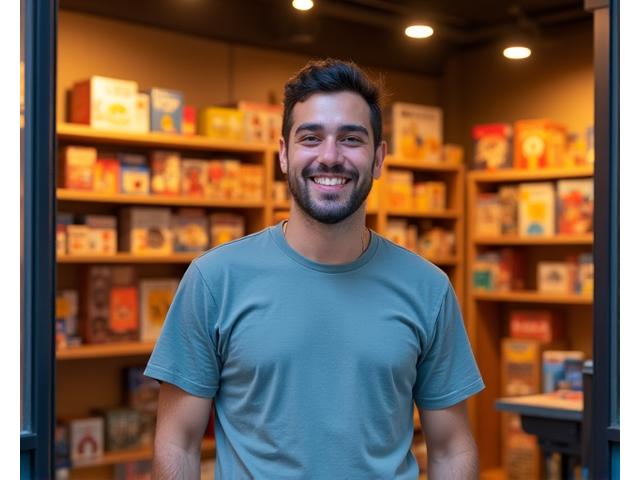 Fundador de Ludos Mexicanos sonriendo frente a la tienda de juegos de mesa en la Ciudad de México.